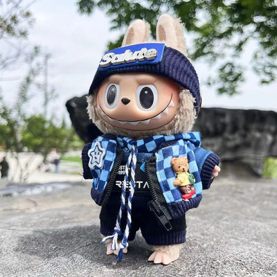 Cute Dress Outfit Clothes Only 17cm Pendant Blue Trendy Plaid Suit Keychain Salute Labubu Doll Clothes Cute Clothing