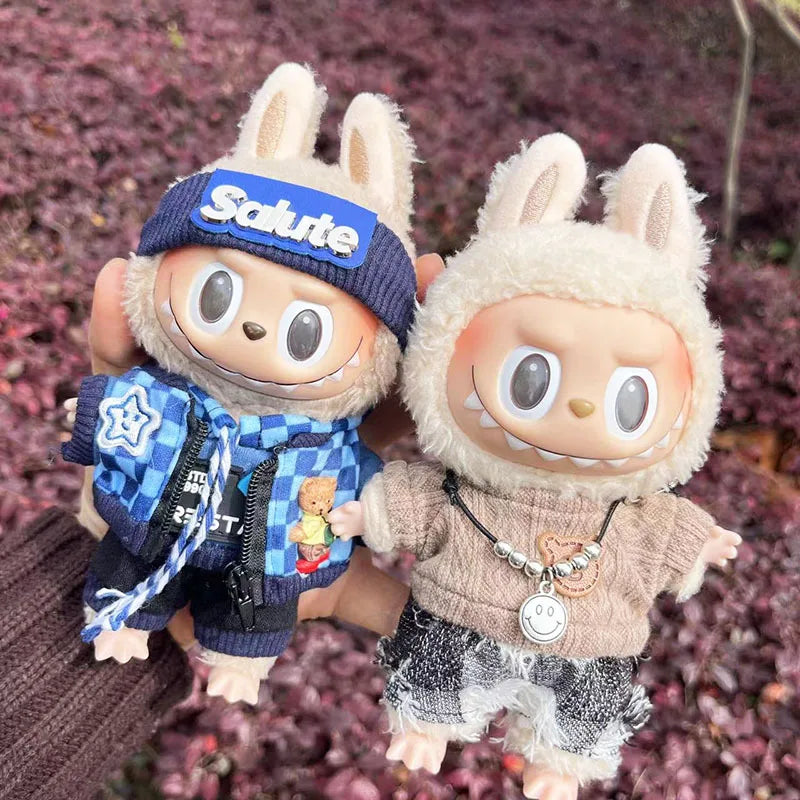 Cute Dress Outfit Clothes Only 17cm Pendant Blue Trendy Plaid Suit Keychain Salute Labubu Doll Clothes Cute Clothing