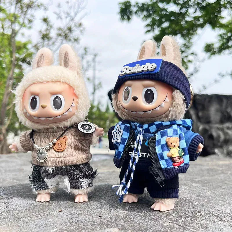 Cute Dress Outfit Clothes Only 17cm Pendant Blue Trendy Plaid Suit Keychain Salute Labubu Doll Clothes Cute Clothing