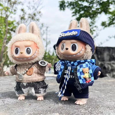 Cute Dress Outfit Clothes Only 17cm Pendant Blue Trendy Plaid Suit Keychain Salute Labubu Doll Clothes Cute Clothing