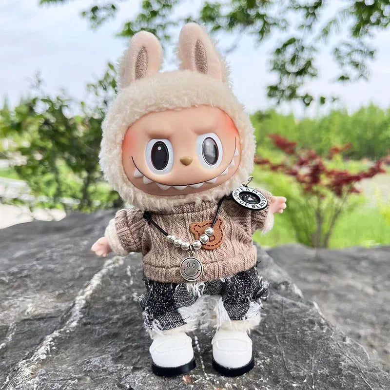 Cute Dress Outfit Clothes Only 17cm Pendant Blue Trendy Plaid Suit Keychain Salute Labubu Doll Clothes Cute Clothing
