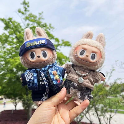 Cute Dress Outfit Clothes Only 17cm Pendant Blue Trendy Plaid Suit Keychain Salute Labubu Doll Clothes Cute Clothing
