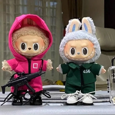 Labubu Clothes Sportswear Set, available in green and pink colors, with different numbers and patterns for the pink jumpsuit