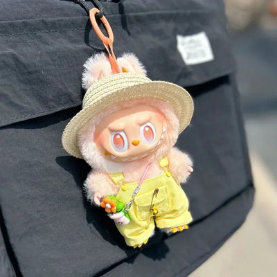 Labubu Replacement Outfit - Big Into Energy Summer Overalls with Straw Hat Belt | Ropa Labubu Clothes Accessories Set