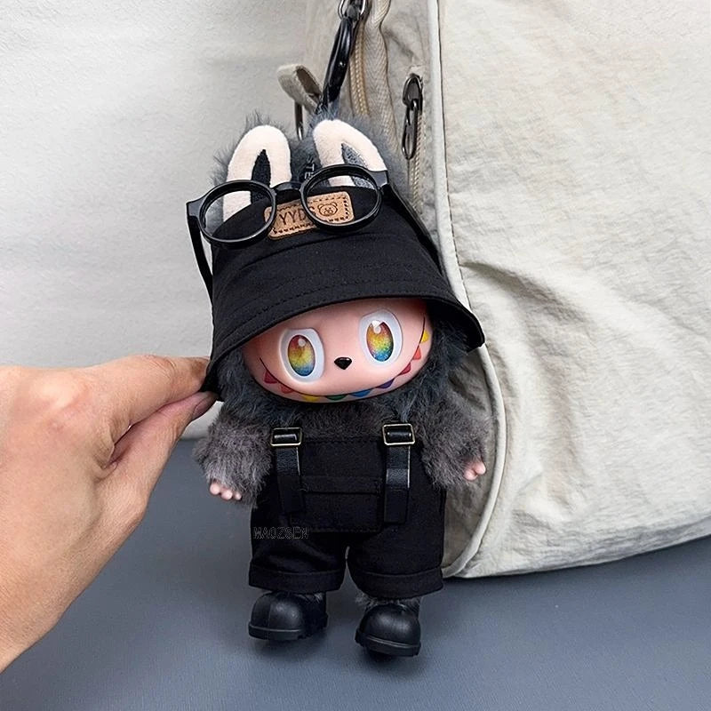 Labubu 1-3 Gen "High Energy Ahead" Outfit Set Open Black Hat + Leather Strap Overalls + Shoes Labubu 3.0 Doll Dress-Up Clothes