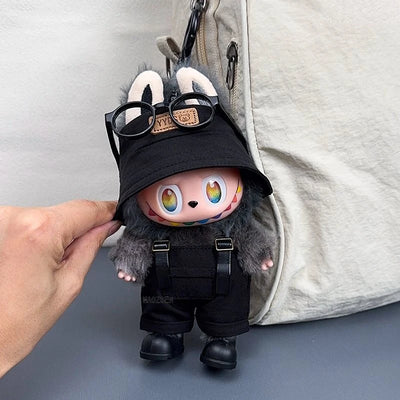 Labubu 1-3 Gen "High Energy Ahead" Outfit Set Open Black Hat + Leather Strap Overalls + Shoes Labubu 3.0 Doll Dress-Up Clothes